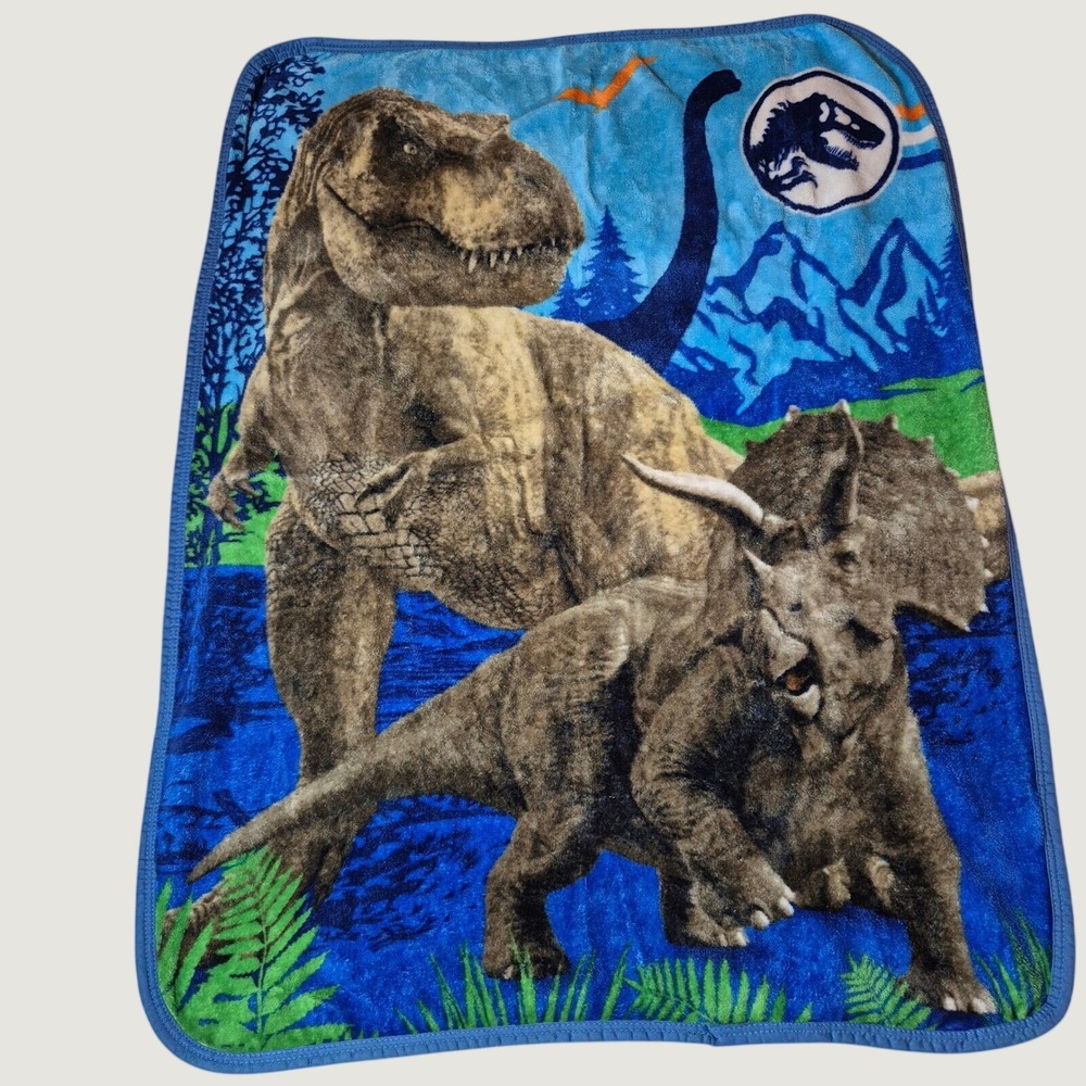 Jurassic Dinosaur Throw Blanket Kids OS Plush Fleece Blue T-Rex Triceratops